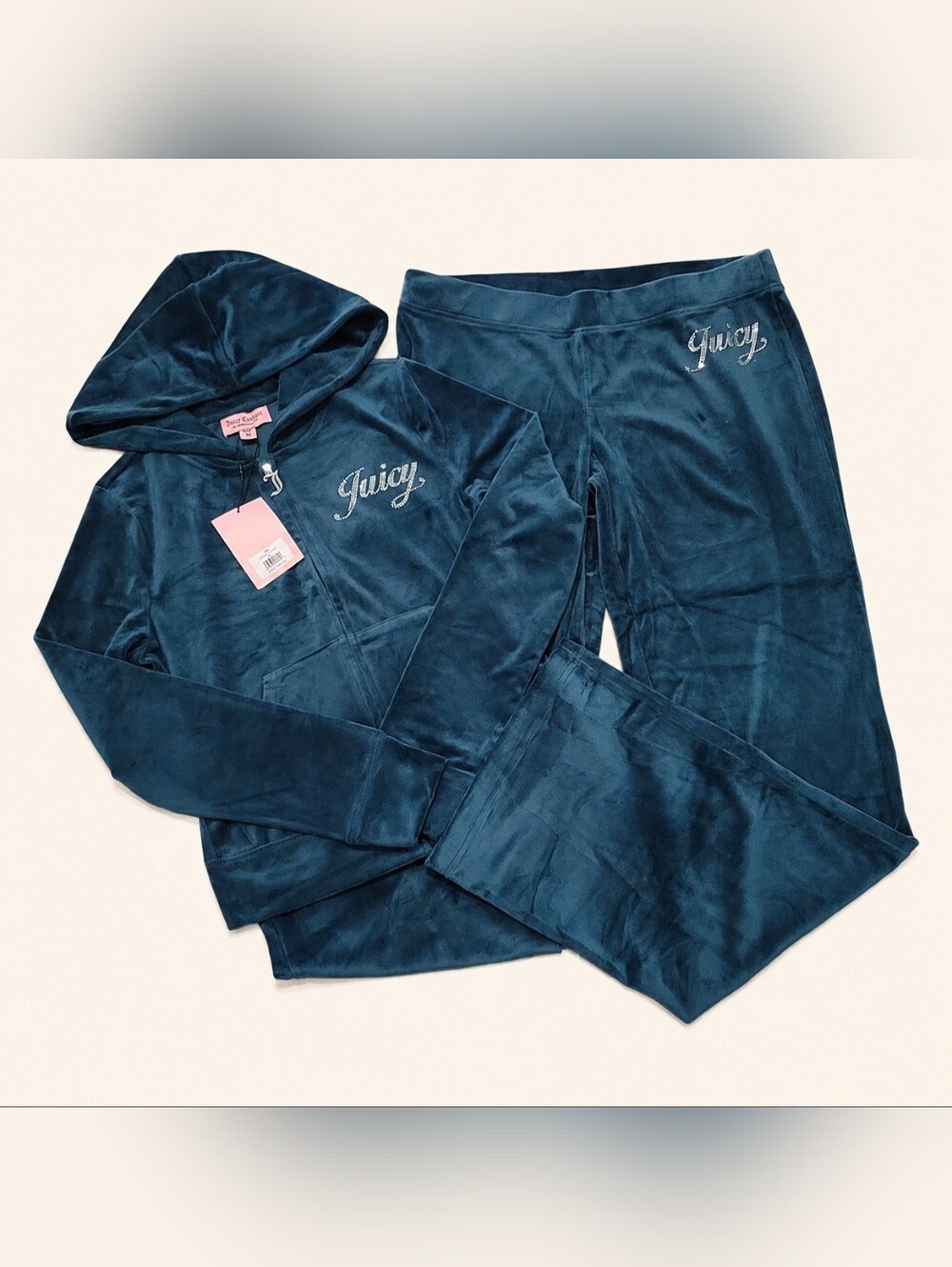 Juicy Couture Sea (Deep Teal) Velour Zip Hoodie & Pants Set - M